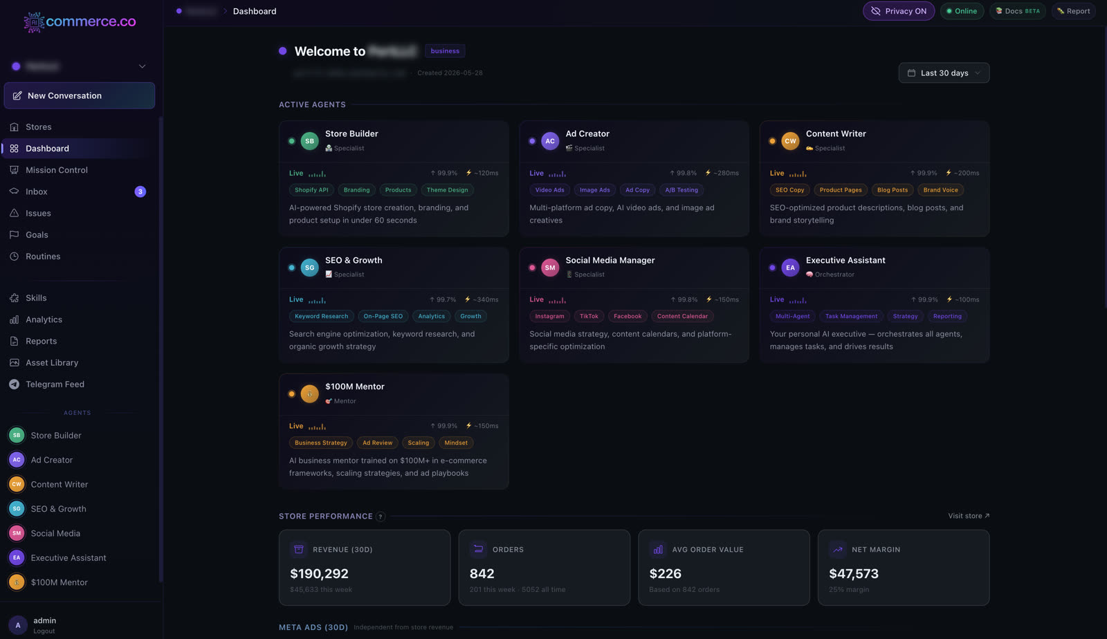 Commerce.co dashboard — your AI agents running live: Store Builder, Ad Creator, Content Writer, SEO, Social Media, Executive Assistant, $100M Mentor. $190K revenue, $47K net margin.